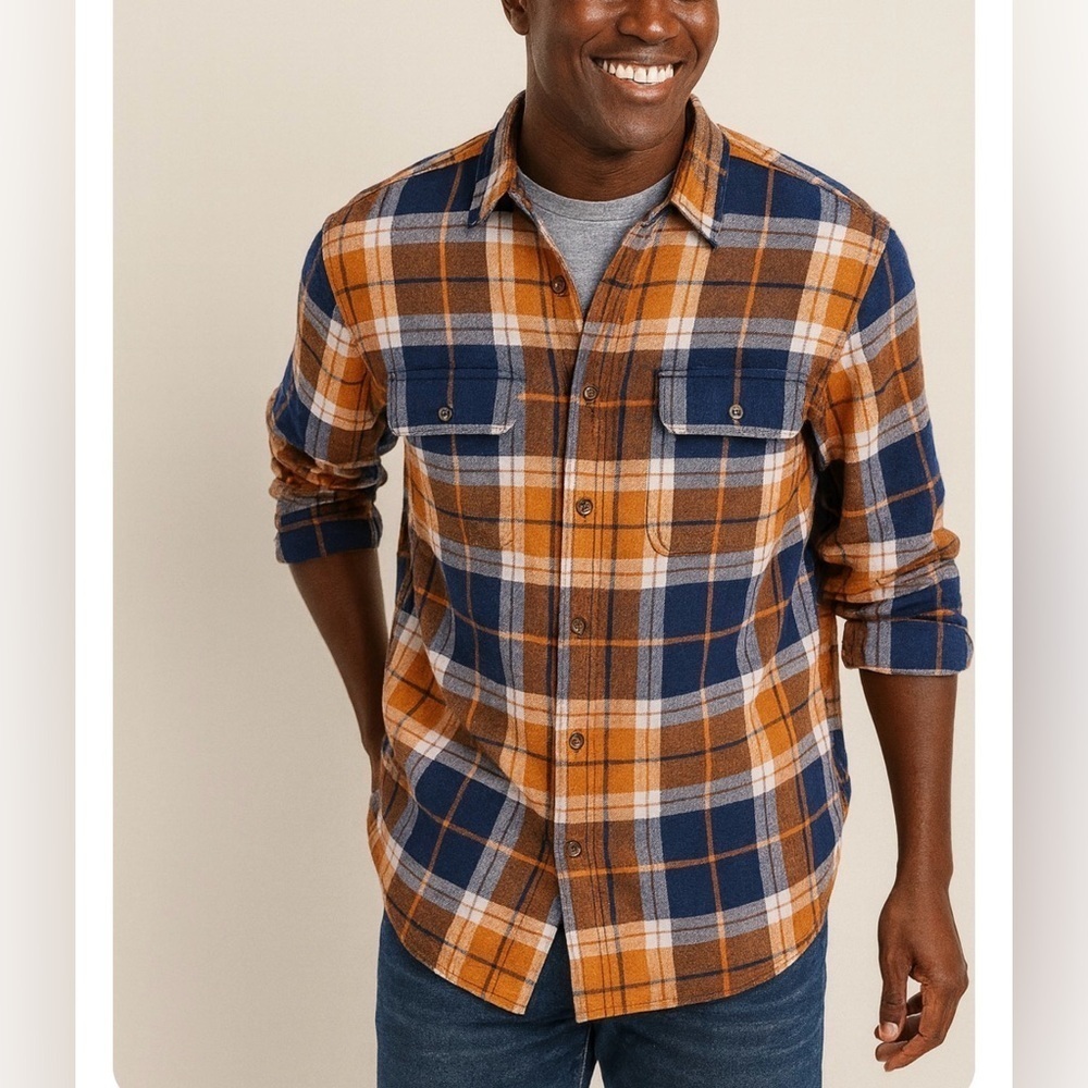 Old Navy Regular Fit Built In Flex Plaid Flannel Shirt Blue Orange Tobacco Leaf